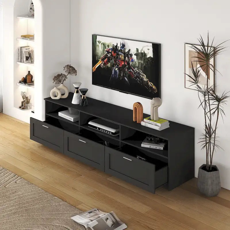 Mueble de TV minimalista moderno blanco y negro – 3 cajones y espacio de almacenamiento abierto, compatible con televisores de hasta 80", requiere montaje por una persona