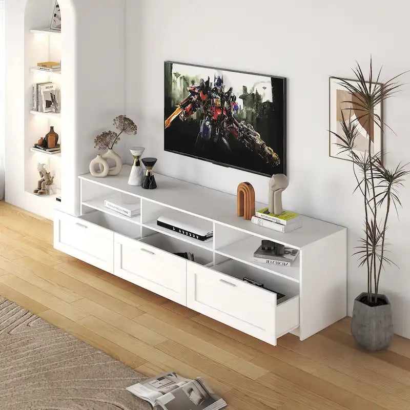 Mueble de TV minimalista moderno blanco y negro – 3 cajones y espacio de almacenamiento abierto, compatible con televisores de hasta 80", requiere montaje por una persona
