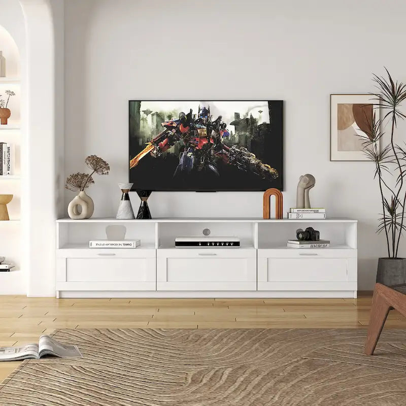 Mueble de TV minimalista moderno blanco y negro – 3 cajones y espacio de almacenamiento abierto, compatible con televisores de hasta 80", requiere montaje por una persona