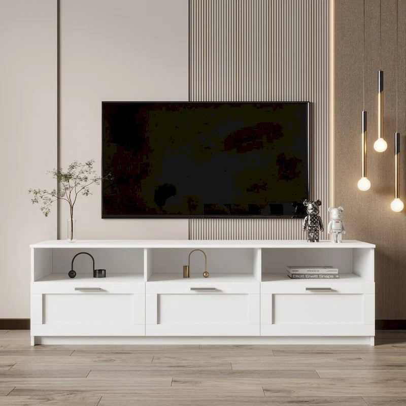 Mueble de TV minimalista moderno blanco y negro – 3 cajones y espacio de almacenamiento abierto, compatible con televisores de hasta 80", requiere montaje por una persona