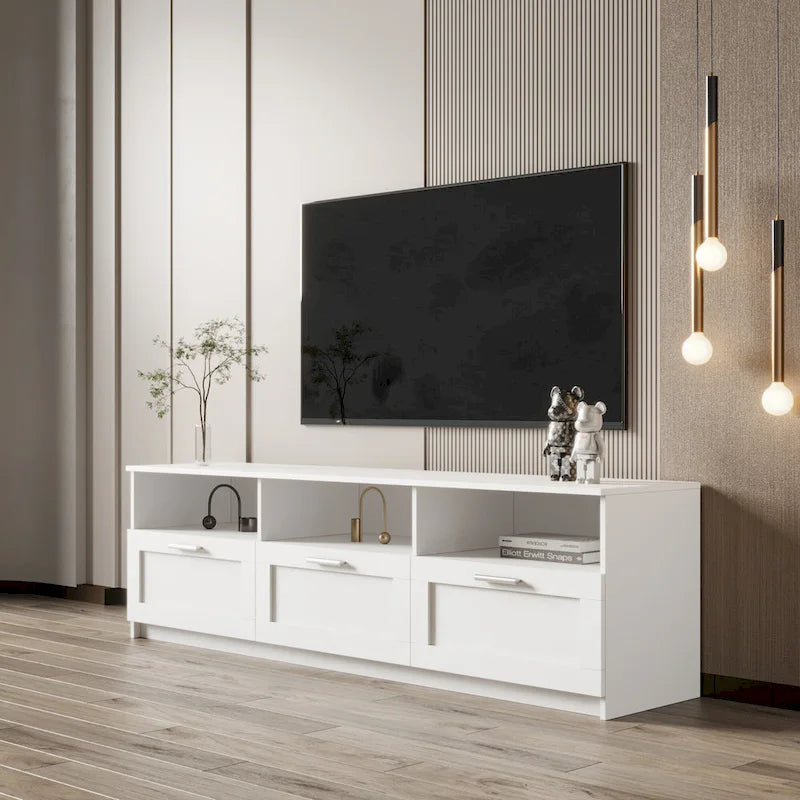 Mueble de TV minimalista moderno blanco y negro – 3 cajones y espacio de almacenamiento abierto, compatible con televisores de hasta 80", requiere montaje por una persona