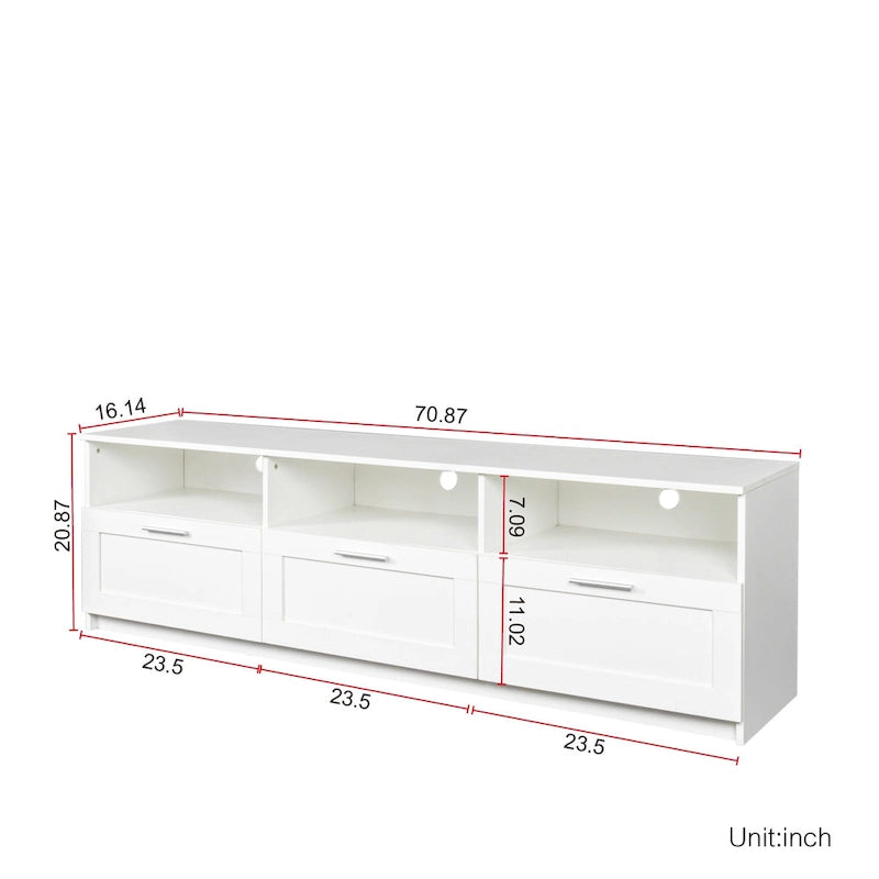 Mueble de TV minimalista moderno blanco y negro – 3 cajones y espacio de almacenamiento abierto, compatible con televisores de hasta 80", requiere montaje por una persona