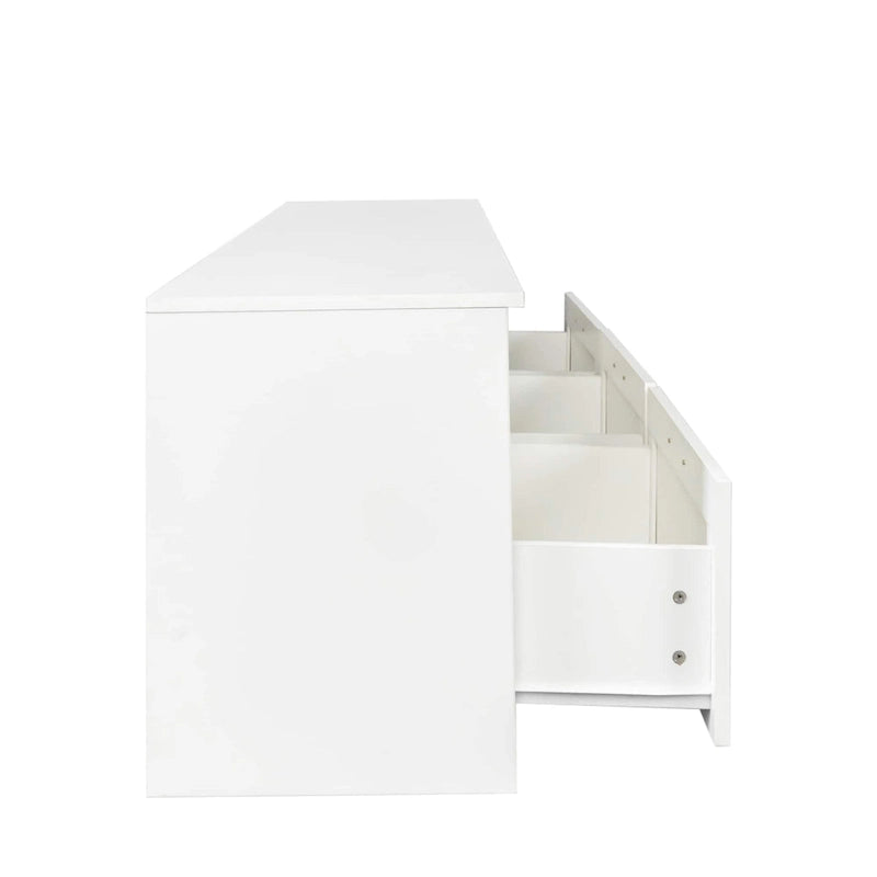 Mueble de TV minimalista moderno blanco y negro – 3 cajones y espacio de almacenamiento abierto, compatible con televisores de hasta 80", requiere montaje por una persona
