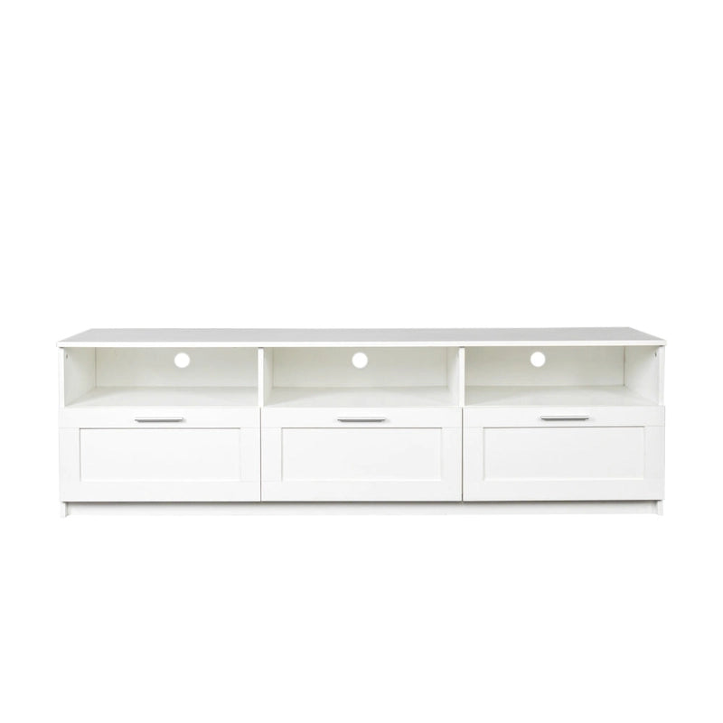 Mueble de TV minimalista moderno blanco y negro – 3 cajones y espacio de almacenamiento abierto, compatible con televisores de hasta 80", requiere montaje por una persona