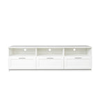 Mueble de TV minimalista moderno blanco y negro – 3 cajones y espacio de almacenamiento abierto, compatible con televisores de hasta 80", requiere montaje por una persona