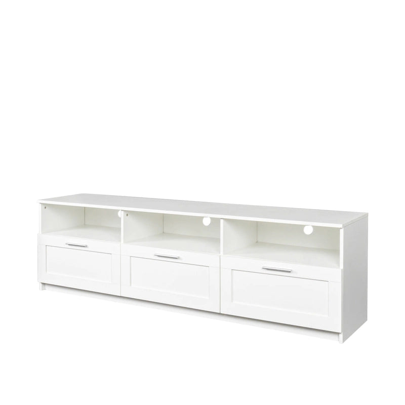 Mueble de TV minimalista moderno blanco y negro – 3 cajones y espacio de almacenamiento abierto, compatible con televisores de hasta 80", requiere montaje por una persona