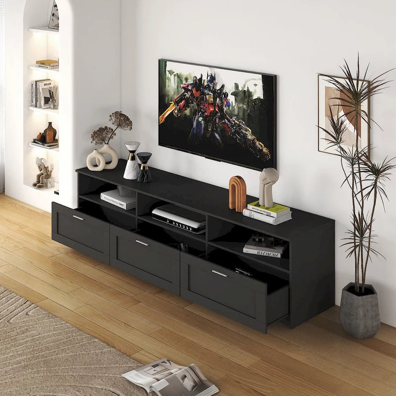 Mueble de TV minimalista moderno blanco y negro – 3 cajones y espacio de almacenamiento abierto, compatible con televisores de hasta 80", requiere montaje por una persona