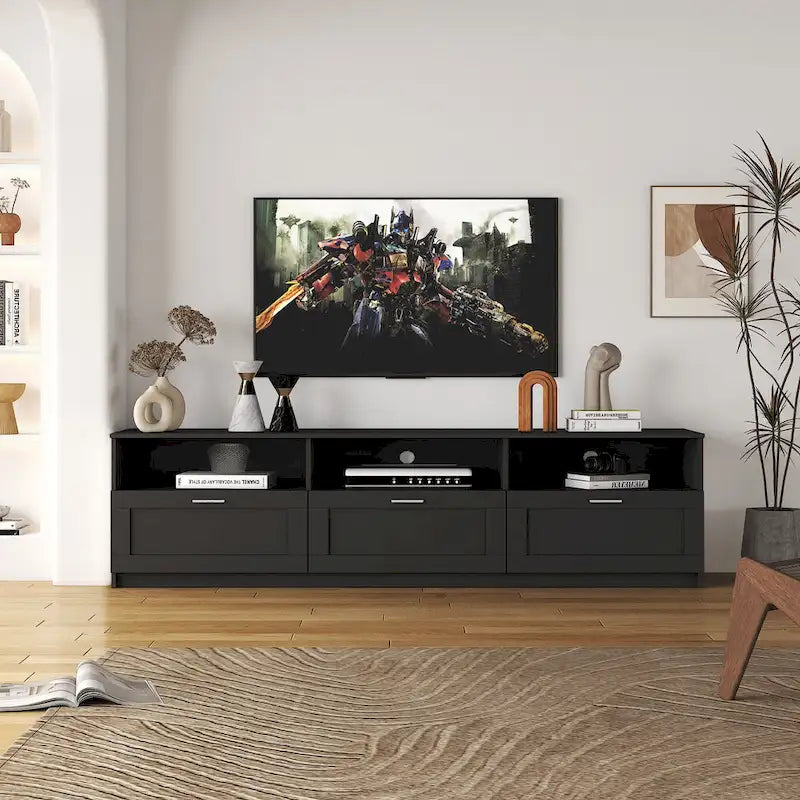 Mueble de TV minimalista moderno blanco y negro – 3 cajones y espacio de almacenamiento abierto, compatible con televisores de hasta 80", requiere montaje por una persona