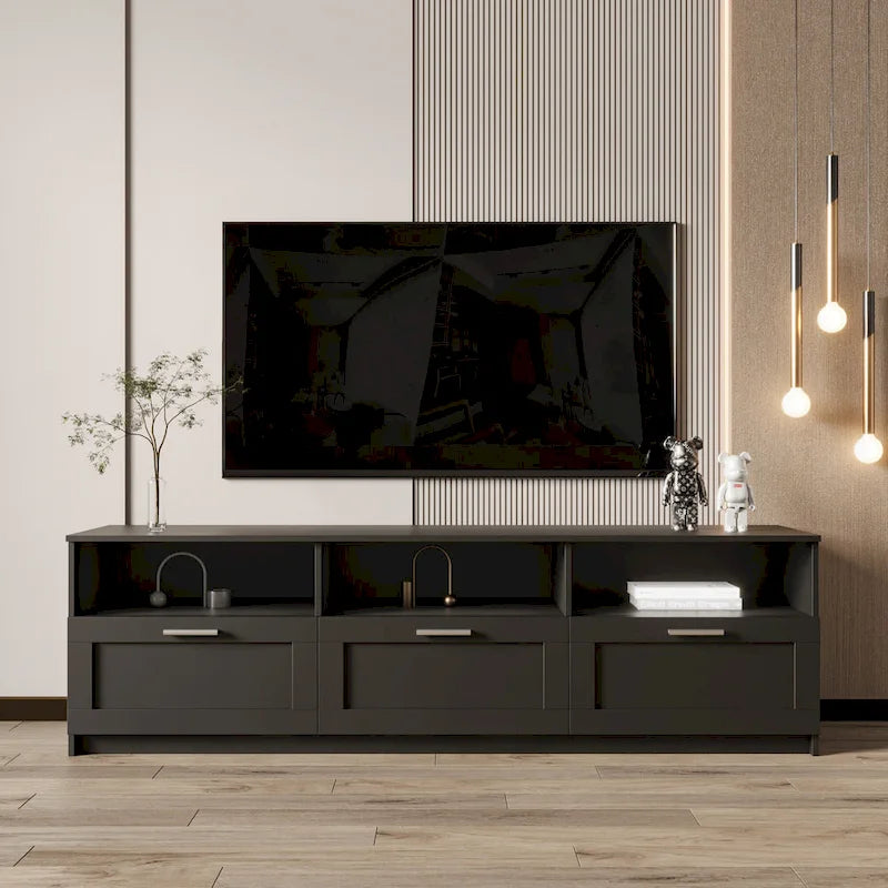 Mueble de TV minimalista moderno blanco y negro – 3 cajones y espacio de almacenamiento abierto, compatible con televisores de hasta 80", requiere montaje por una persona
