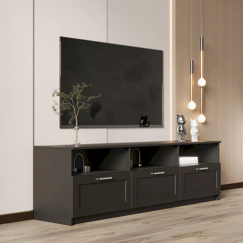 Mueble de TV minimalista moderno blanco y negro – 3 cajones y espacio de almacenamiento abierto, compatible con televisores de hasta 80", requiere montaje por una persona