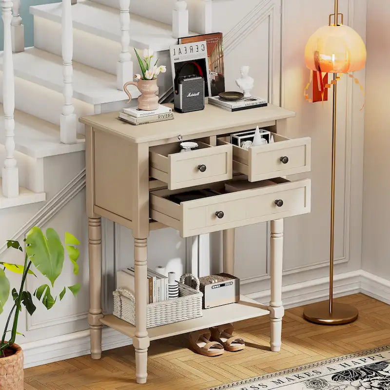 Mesa consola estrecha de 3 cajones — Negro / Azul retro / Gris / Azul claro / Marfil / Azul marino / Espresso / Beige, Mesa de sofá para entrada para 1–2 usuarios