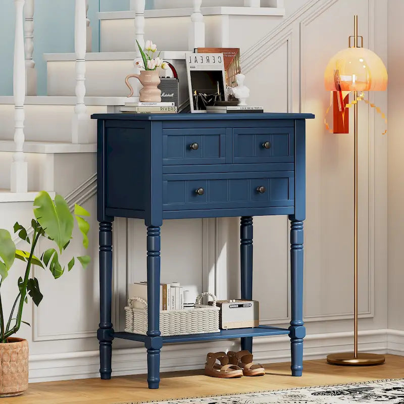 Mesa consola estrecha de 3 cajones — Negro / Azul retro / Gris / Azul claro / Marfil / Azul marino / Espresso / Beige, Mesa de sofá para entrada para 1–2 usuarios