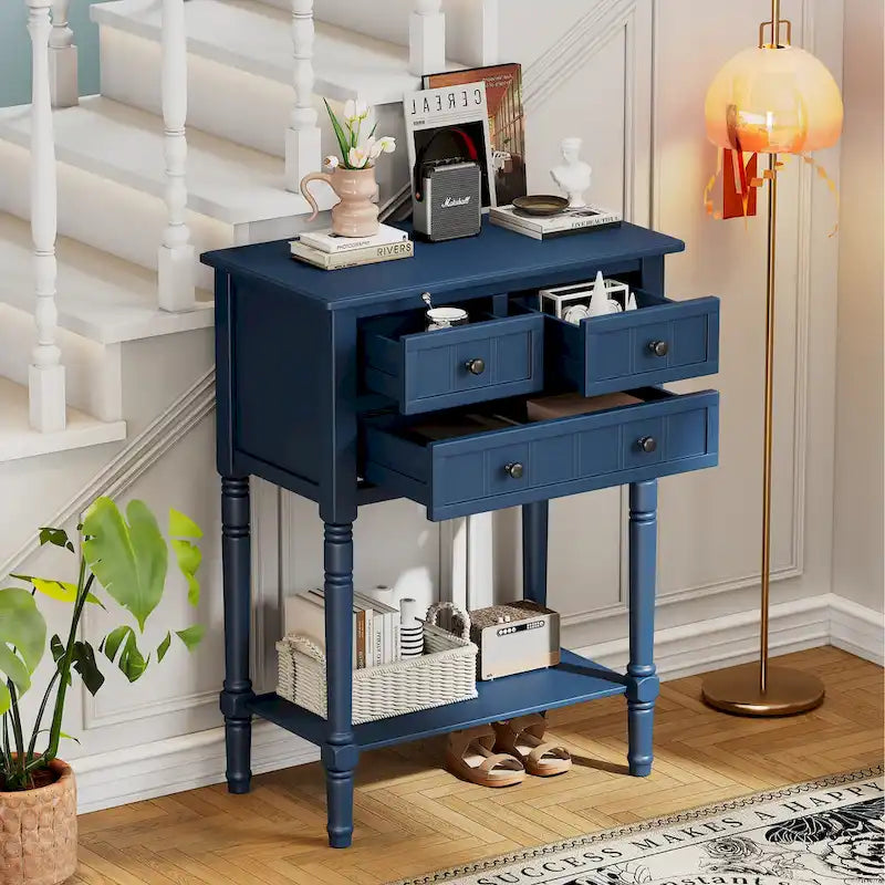 Mesa consola estrecha de 3 cajones — Negro / Azul retro / Gris / Azul claro / Marfil / Azul marino / Espresso / Beige, Mesa de sofá para entrada para 1–2 usuarios