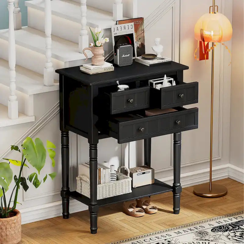 Mesa consola estrecha de 3 cajones — Negro / Azul retro / Gris / Azul claro / Marfil / Azul marino / Espresso / Beige, Mesa de sofá para entrada para 1–2 usuarios