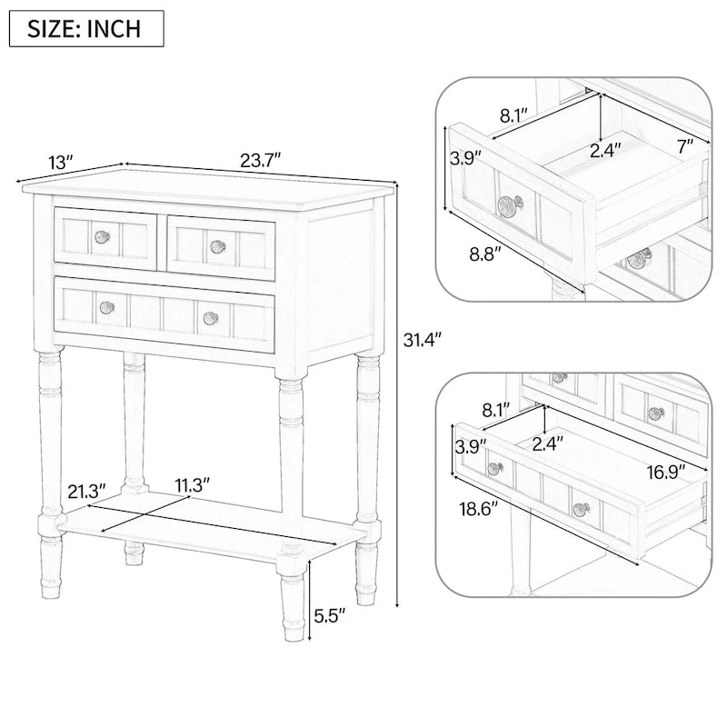 Mesa consola estrecha de 3 cajones — Negro / Azul retro / Gris / Azul claro / Marfil / Azul marino / Espresso / Beige, Mesa de sofá para entrada para 1–2 usuarios