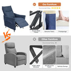 Sillón reclinable gris de tela con empuje, moderno de mediados de siglo, juego de 2
