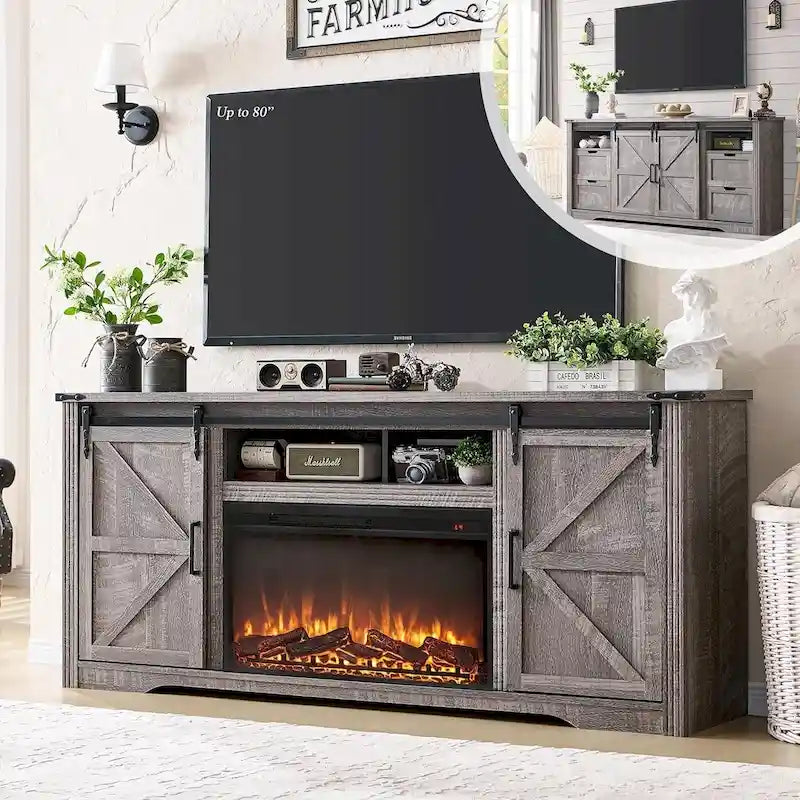 Mueble para TV de granja gris/blanco/marrón/negro con chimenea eléctrica, para televisores de hasta 80"