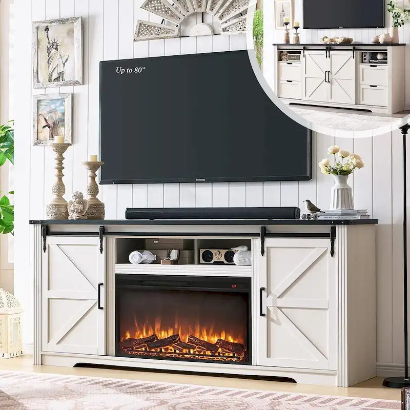 Mueble para TV de granja gris/blanco/marrón/negro con chimenea eléctrica, para televisores de hasta 80"