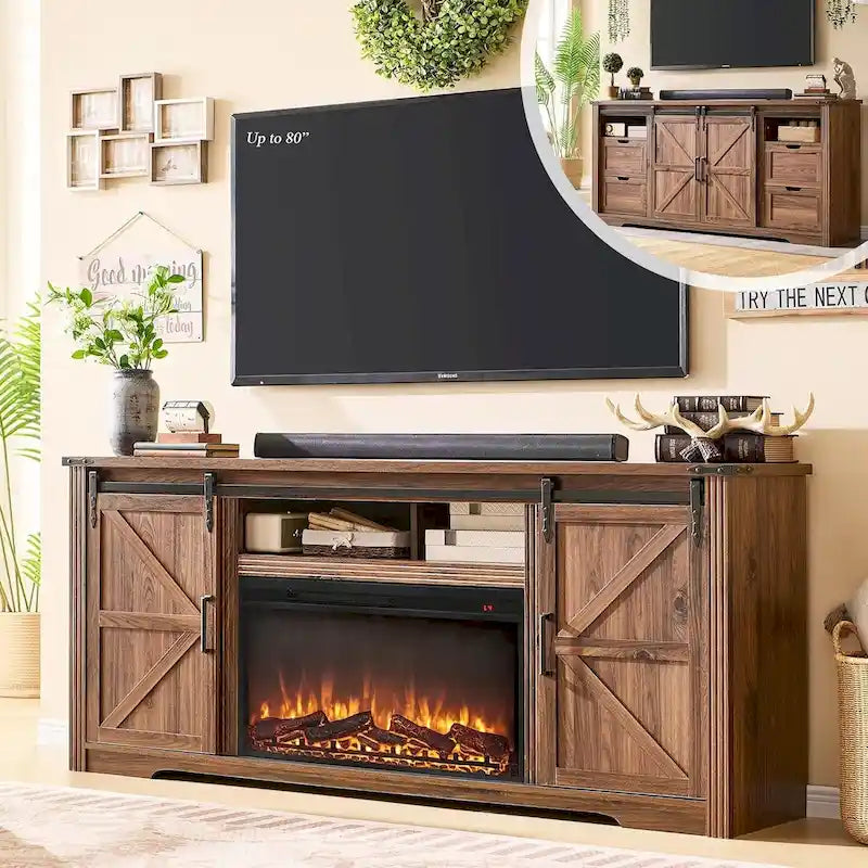 Mueble para TV de granja gris/blanco/marrón/negro con chimenea eléctrica, para televisores de hasta 80"