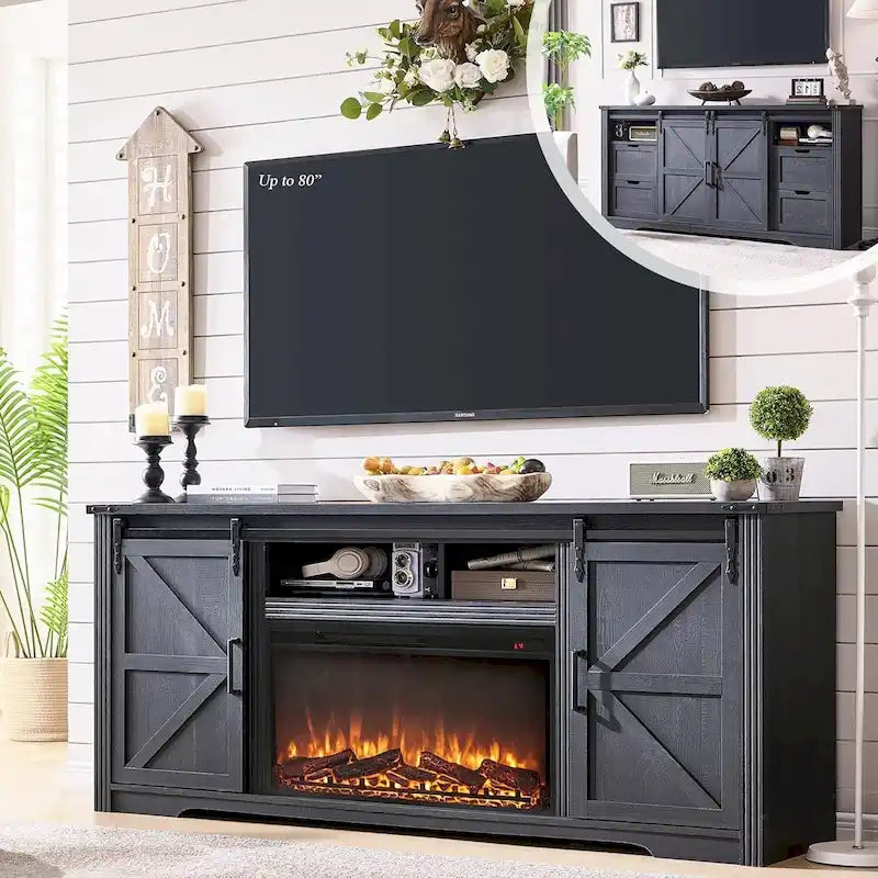 Mueble para TV de granja gris/blanco/marrón/negro con chimenea eléctrica, para televisores de hasta 80"