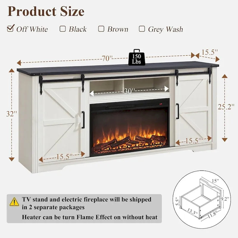 Mueble para TV de granja gris/blanco/marrón/negro con chimenea eléctrica, para televisores de hasta 80"
