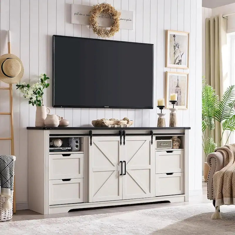 Mueble para TV de granja gris/blanco/marrón/negro con chimenea eléctrica, para televisores de hasta 80"