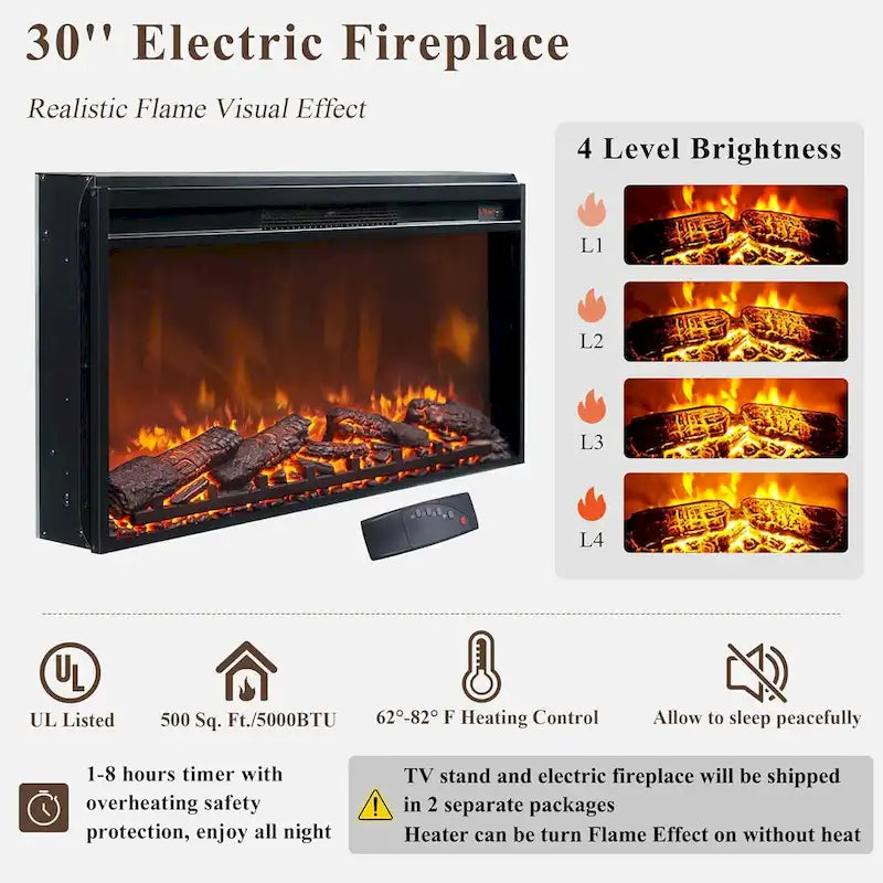 Mueble para TV de granja gris/blanco/marrón/negro con chimenea eléctrica, para televisores de hasta 80"