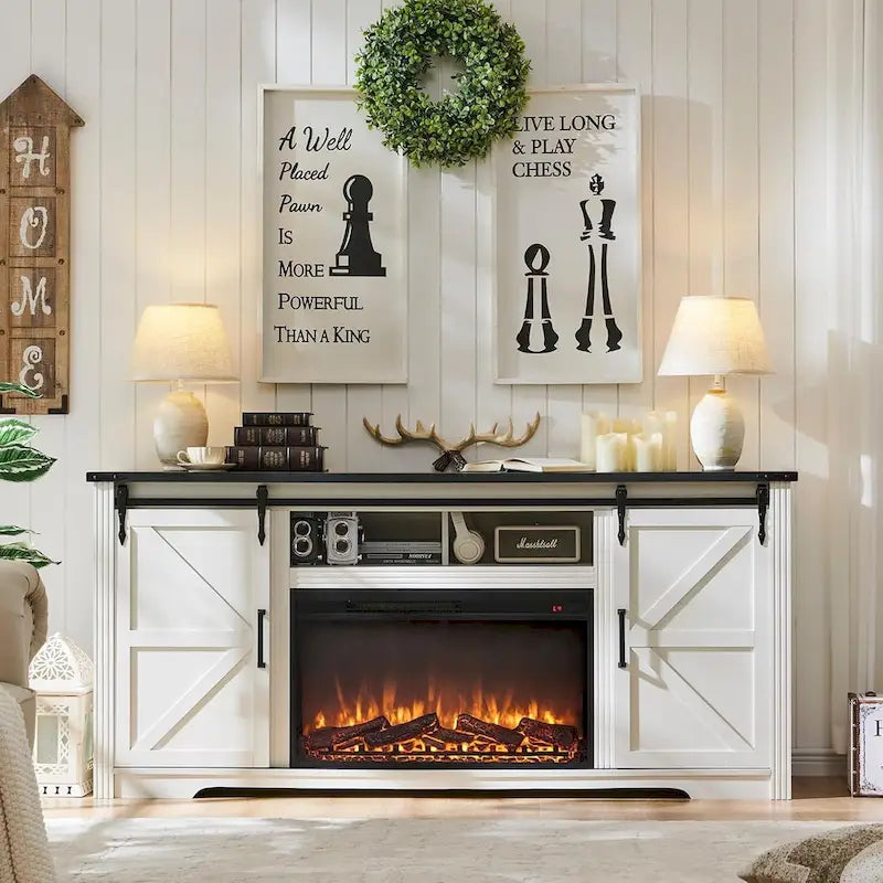 Mueble para TV de granja gris/blanco/marrón/negro con chimenea eléctrica, para televisores de hasta 80"