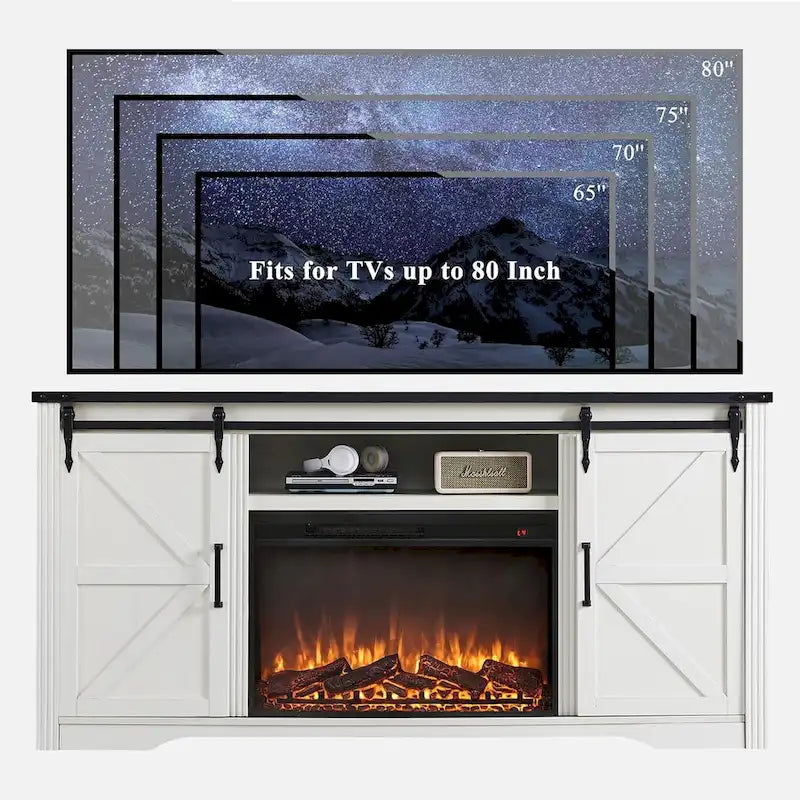 Mueble para TV de granja gris/blanco/marrón/negro con chimenea eléctrica, para televisores de hasta 80"