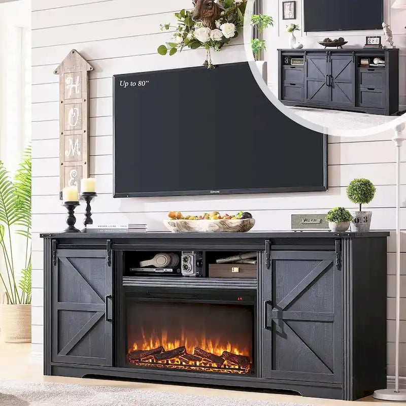 Mueble para TV de granja gris/blanco/marrón/negro con chimenea eléctrica, para televisores de hasta 80"