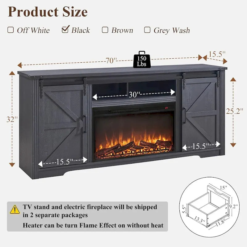 Mueble para TV de granja gris/blanco/marrón/negro con chimenea eléctrica, para televisores de hasta 80"
