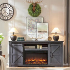 Mueble para TV de granja gris/blanco/marrón/negro con chimenea eléctrica, para televisores de hasta 80"