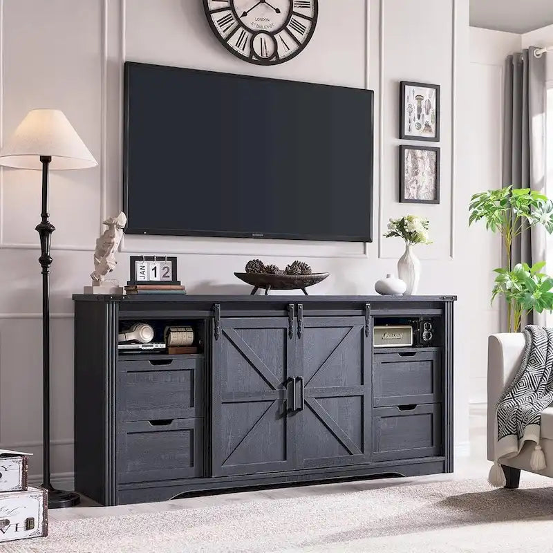 Mueble para TV de granja gris/blanco/marrón/negro con chimenea eléctrica, para televisores de hasta 80"