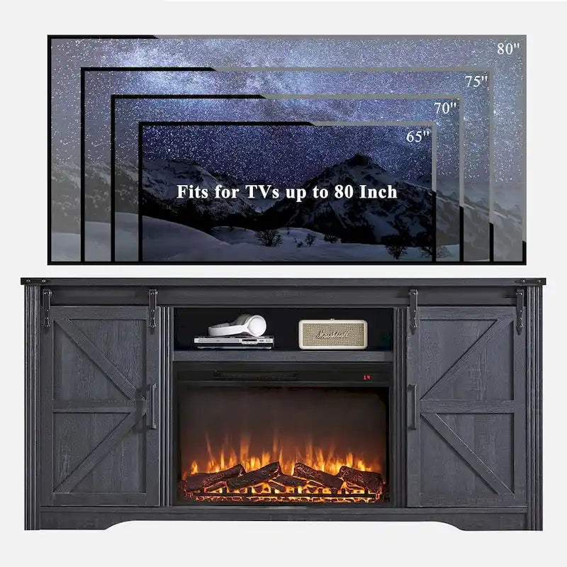 Mueble para TV de granja gris/blanco/marrón/negro con chimenea eléctrica, para televisores de hasta 80"
