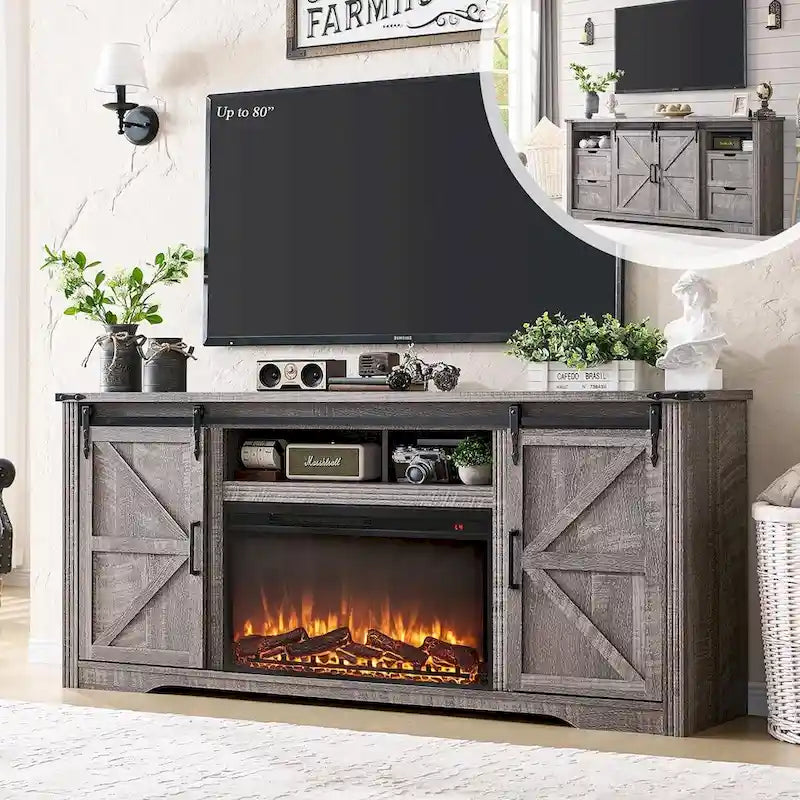 Mueble para TV de granja gris/blanco/marrón/negro con chimenea eléctrica, para televisores de hasta 80"