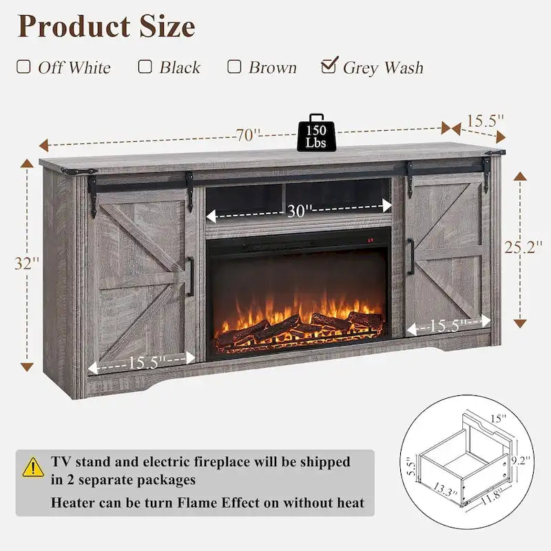 Mueble para TV de granja gris/blanco/marrón/negro con chimenea eléctrica, para televisores de hasta 80"