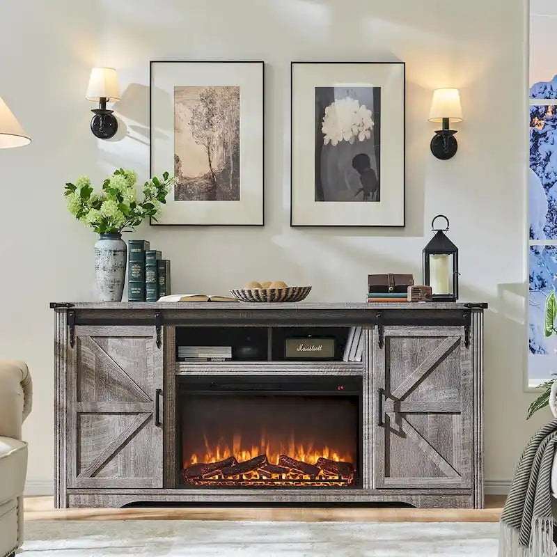 Mueble para TV de granja gris/blanco/marrón/negro con chimenea eléctrica, para televisores de hasta 80"