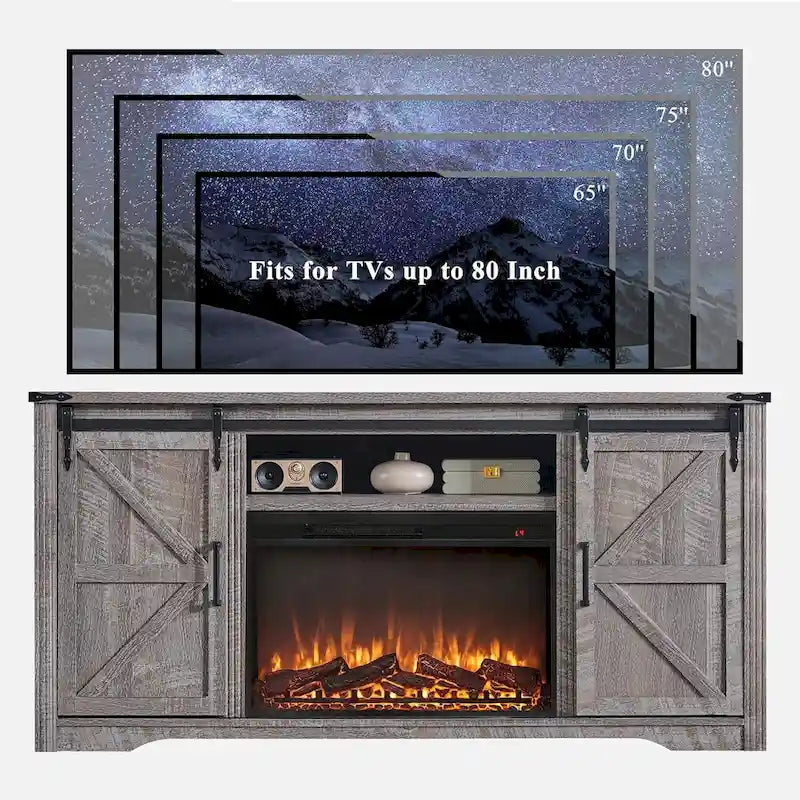 Mueble para TV de granja gris/blanco/marrón/negro con chimenea eléctrica, para televisores de hasta 80"