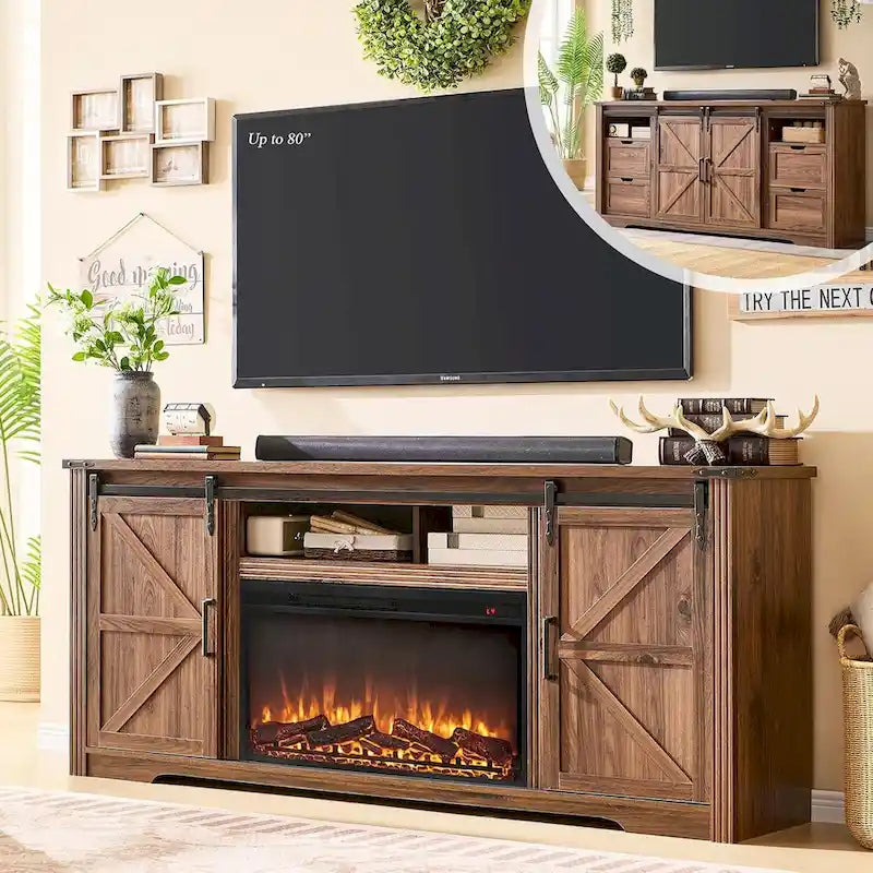 Mueble para TV de granja gris/blanco/marrón/negro con chimenea eléctrica, para televisores de hasta 80"