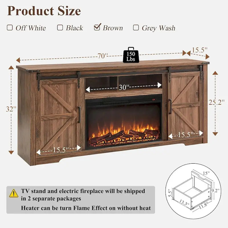 Mueble para TV de granja gris/blanco/marrón/negro con chimenea eléctrica, para televisores de hasta 80"