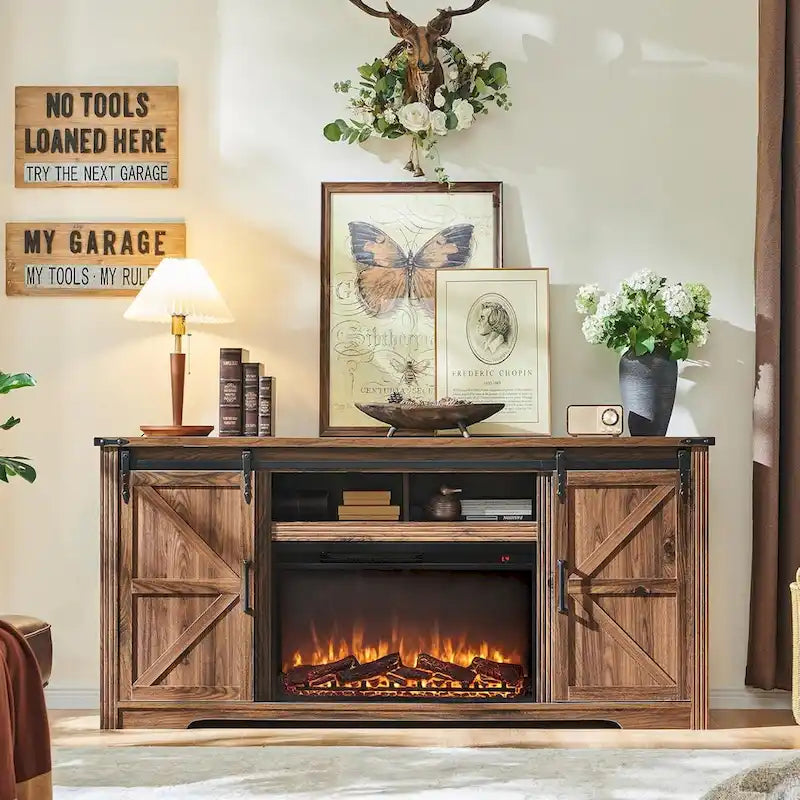 Mueble para TV de granja gris/blanco/marrón/negro con chimenea eléctrica, para televisores de hasta 80"