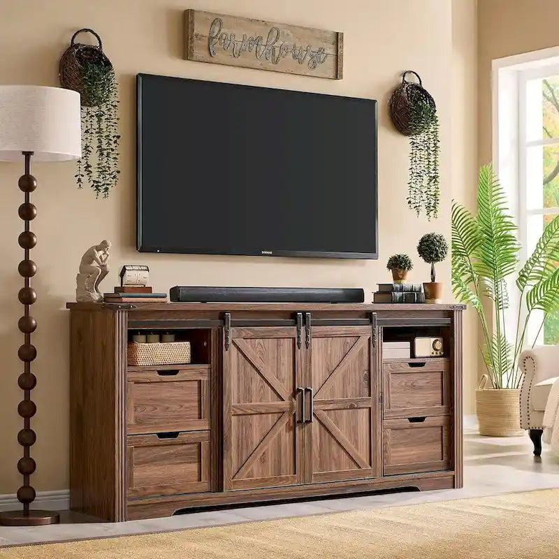 Mueble para TV de granja gris/blanco/marrón/negro con chimenea eléctrica, para televisores de hasta 80"