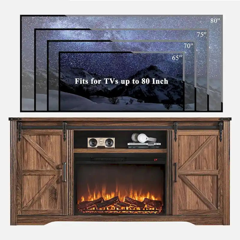Mueble para TV de granja gris/blanco/marrón/negro con chimenea eléctrica, para televisores de hasta 80"