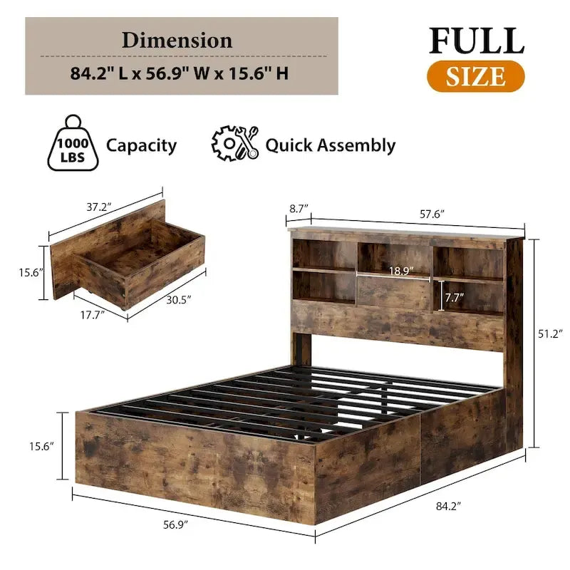 Base de cama matrimonial marrón con cabecero tipo estantería y 4 cajones de almacenamiento, para 1 o 2 personas
