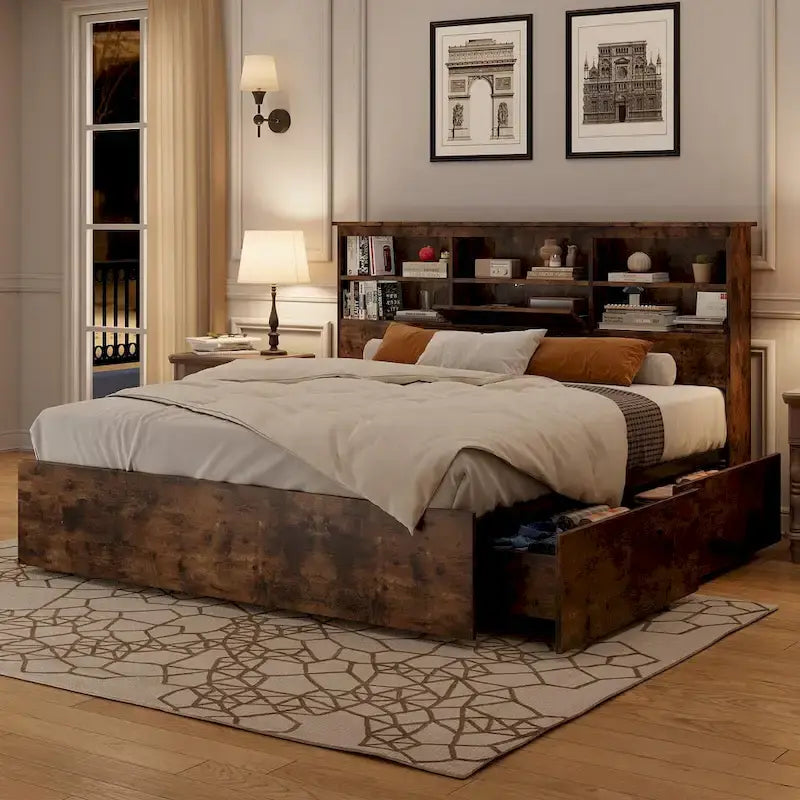 Base de cama matrimonial marrón con cabecero tipo estantería y 4 cajones de almacenamiento, para 1 o 2 personas