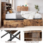 Base de cama matrimonial marrón con cabecero tipo estantería y 4 cajones de almacenamiento, para 1 o 2 personas