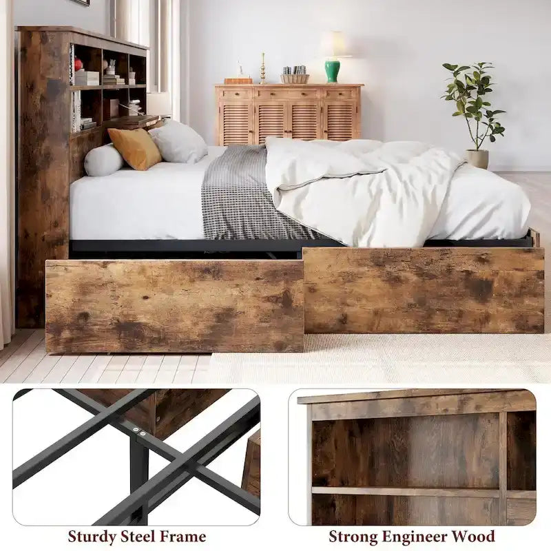 Base de cama matrimonial marrón con cabecero tipo estantería y 4 cajones de almacenamiento, para 1 o 2 personas