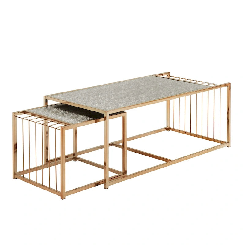 Juego de 2 mesas de centro nido con tapa de espejo texturizado color oro champán