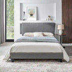 Cama de plataforma tapizada tamaño Queen gris, soporte de listones de madera, para 1 persona