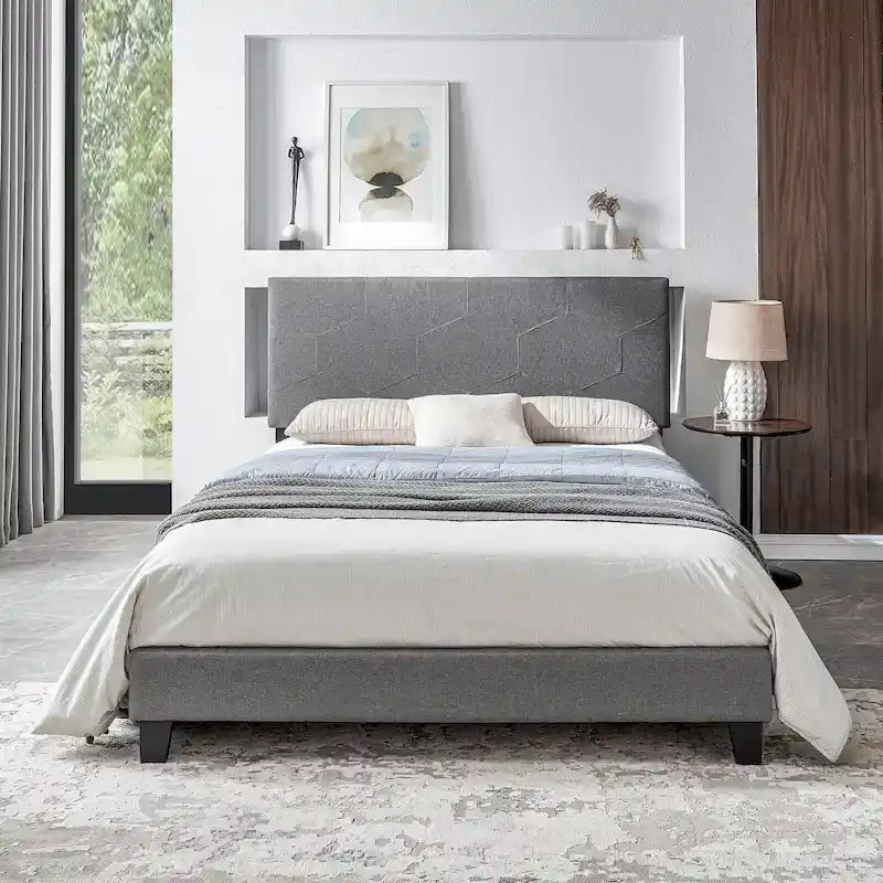 Cama de plataforma tapizada tamaño Queen gris, soporte de listones de madera, para 1 persona